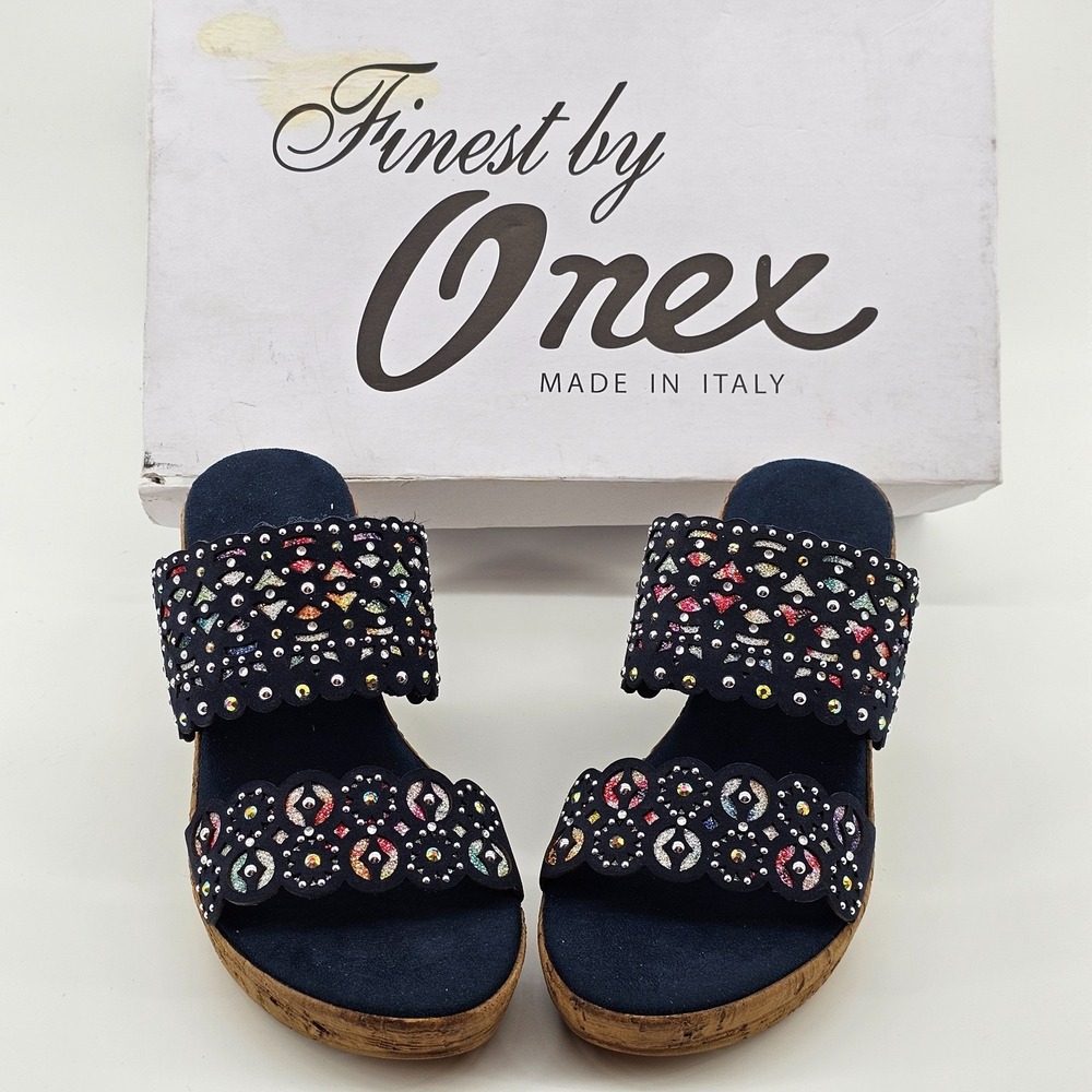 NIB Women's Onex Oppal Navy Nubuck 2 Band Laser Cut Wedge Sandal US Size 4.5